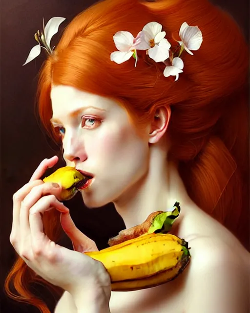 Prompt: Beautiful and playful ethereal ginger portrait eating banana, art nouveau, fantasy, intricate flower designs, elegant, highly detailed, sharp focus, art by Artgerm and Greg Rutkowski and WLOP