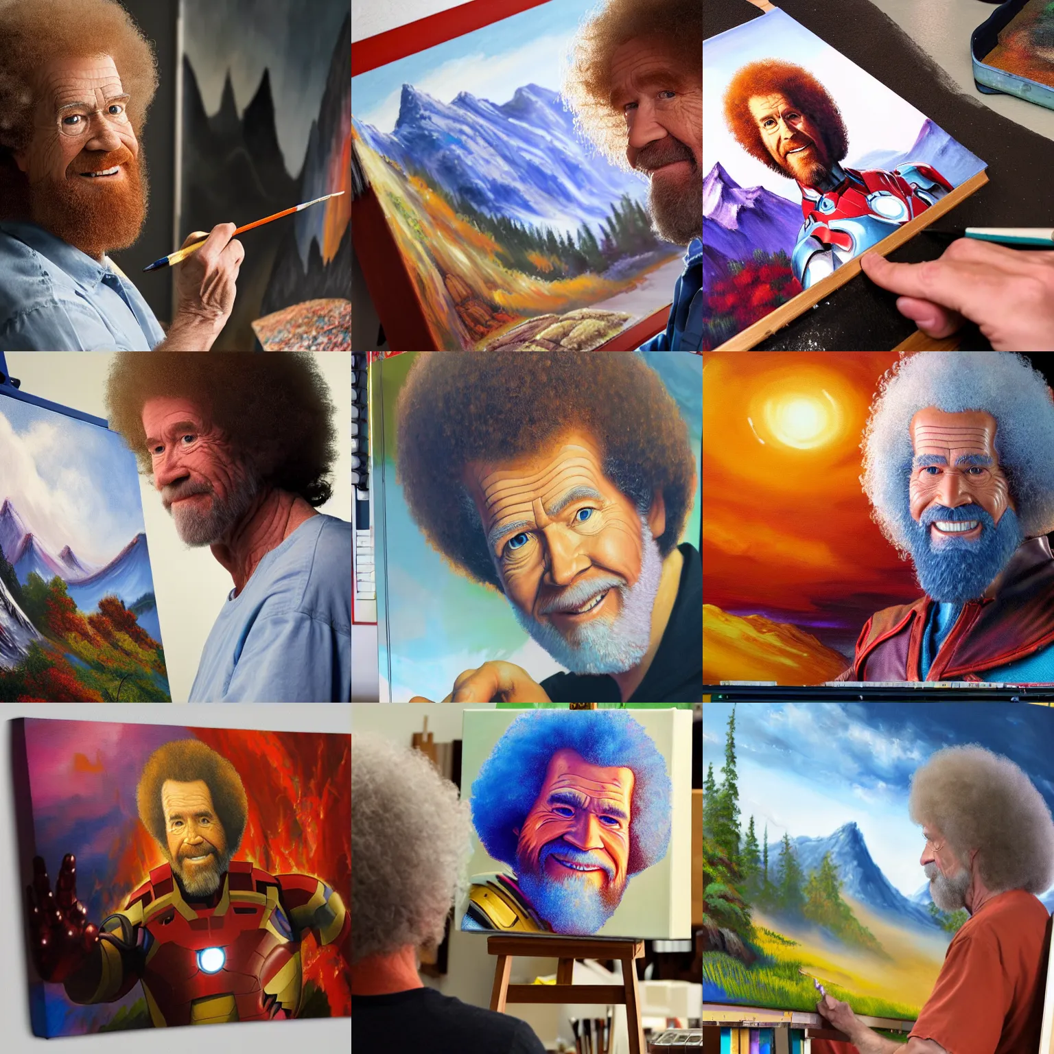 Prompt: a closeup photorealistic photograph of bob ross in his studio, working on a canvas painting of iron man. mountain scape. film still, vibrant colors. this 4 k hd image is trending on artstation, featured on behance, well - rendered, extra crisp, features intricate detail, epic composition and the style of unreal engine.