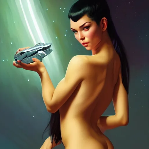 Prompt: a sexy uhd photorealistic portrait of a cosmic feline humanoid starfleet officer holding a phaser, fantasy, sharp focus, intricate, sci - fi, artstation, matte, hyperdetailed, concept art, illustration, studio lighting, art by ilya kuvshinov, artgerm, alphonse mucha, amano, and karol bak