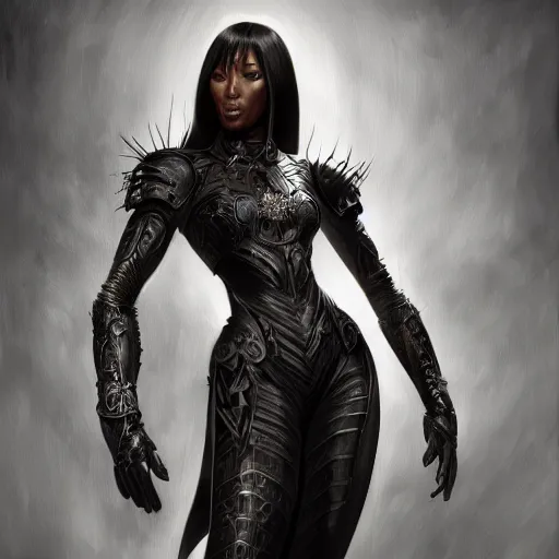 Prompt: full figure ultra realistic illustration, naomi campbell wearing black armor, intricate, elegant, highly detailed, digital painting, artstation, concept art, smooth, sharp focus, illustration, art by artgerm and greg rutkowski and alphonse mucha