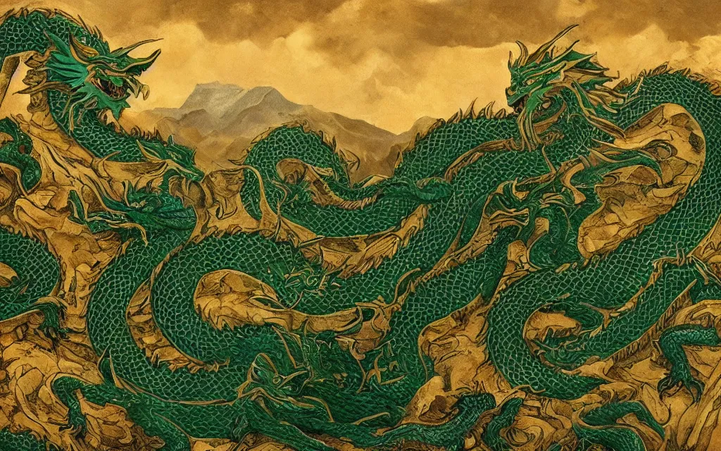 Image similar to green dragon overseeing a large gold mountain, view from above, detailed art