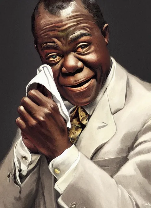 Prompt: a portrait of louis armstrong holding a white handkerchief, by joseph christian leyendecker, dramatic lighting, highly detailed digital painting