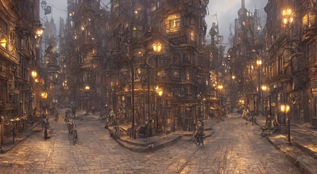 Image similar to steampunk city streets by ted nasmith, octane render, trending on artstation