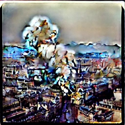 Prompt: extensive smoke rising from the top of the eiffel tower, aerial view, several police cars and crowds running across the ground, polaroid, 6 0's, hyperrealism, no blur, 4 k resolution, ultra detailed