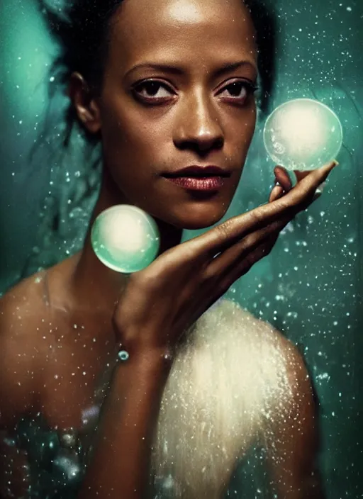 Image similar to Kodak Portra 400, 8K, soft light, volumetric lighting, highly detailed, britt marling style 3/4 by Martin Stranka , extreme Close-up portrait photography of ZoeSaldana as beautiful black skinned mermaid la sirene Haitian god, white lilies, shells, bubbles, how pre-Raphaelites,inspired by Ophelia by Martin Stranka, the face emerges from water of Pamukkale, underwater face, hair are intricate with highly detailed realistic beautiful brunches and flowers like crown, Realistic, Refined, Highly Detailed, soft blur background, outdoor soft pastel lighting colors scheme, outdoor fine art photography, Hyper realistic, photo realistic