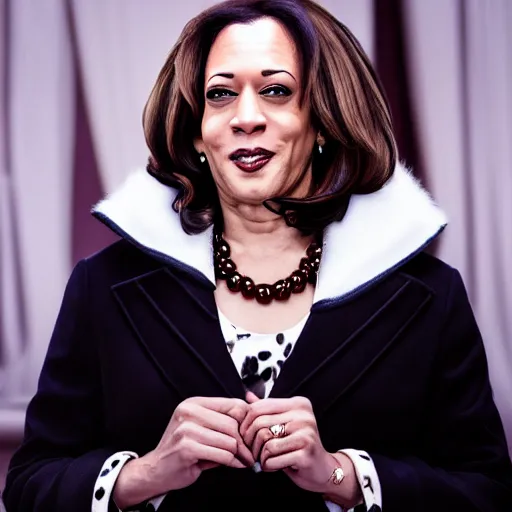 Prompt: Kamala Harris as cruella devilla, 8k, Disney, professional photography, cinematic shot, dark, smoke