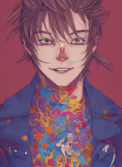 Image similar to portrait of happy anime boy, an ultrafine detailed illustration by james jean, intricate linework, bright colors, final fantasy, behance contest winner, vanitas, angular, altermodern, unreal engine 5 highly rendered, global illumination, radiant light, detailed and intricate environment