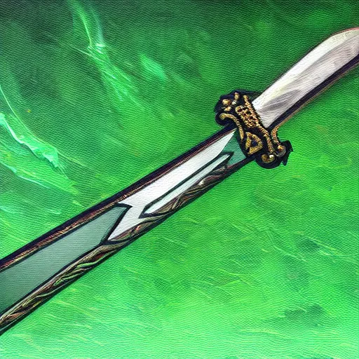 Image similar to Oil painting concept art of a magical acid sword glowing bright green, very intricate hilt, green color scheme, highly detailed concept art.
