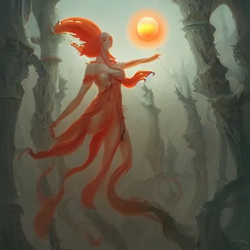 Prompt: prompt A beautiful white red orange kumiho, concept art, matte painting, by Peter Mohrbacher