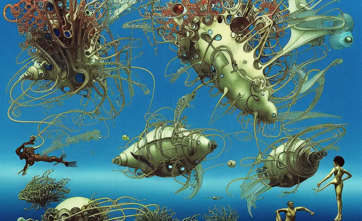 Image similar to afro - futurist scuba divers swimming away from a gigantic alien fish, hyperrealistic digital painting by denis villeneuve, amano, yves tanguy, alphonse mucha, ernst haeckel, max ernst, roger dean