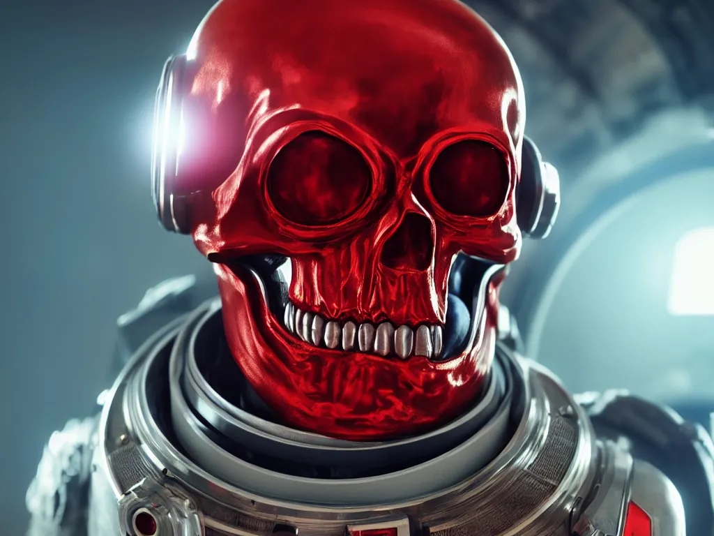 Image similar to ornate red skull in astronaut suit, gold linens, cinematic lighting, dramatic, octane render, long lens, shallow depth of field, bokeh, anamorphic lens flare, 8k, hyper detailed, 35mm film grain