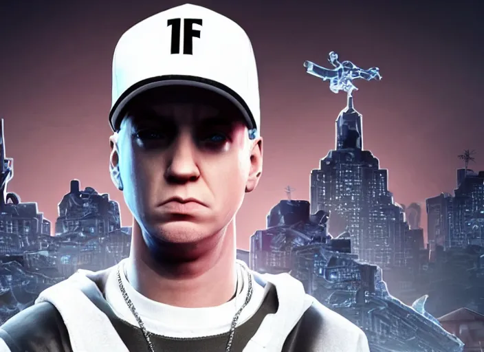 Prompt: eminem as fortnite character, gameplay screenshot