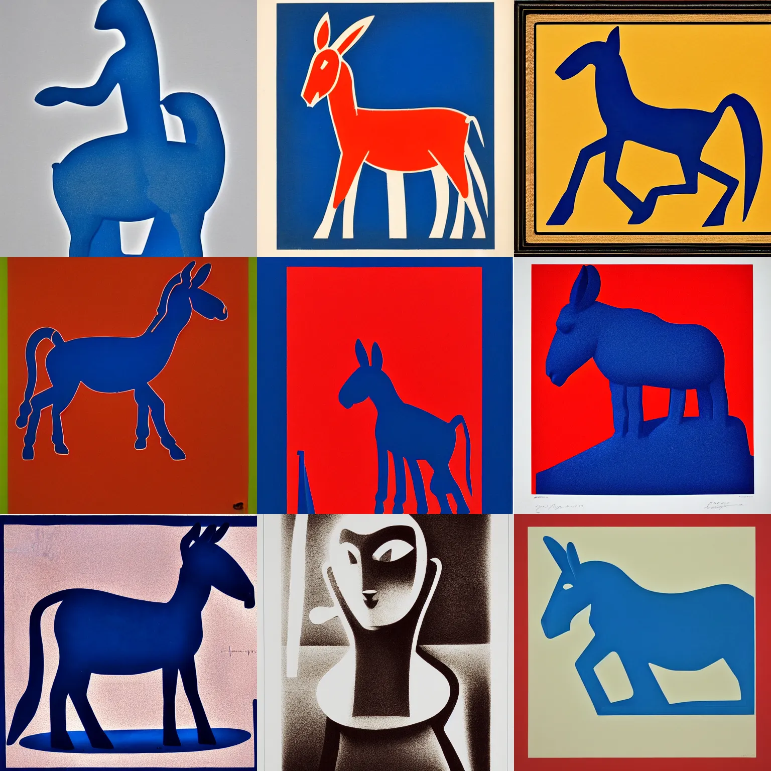 Prompt: duotone lithograph of cycladic sculpture portraying a donkey!!!!!, simplified, silhouette, solid colors, iconic, side view, centered, ultramarine blue and red iron oxide