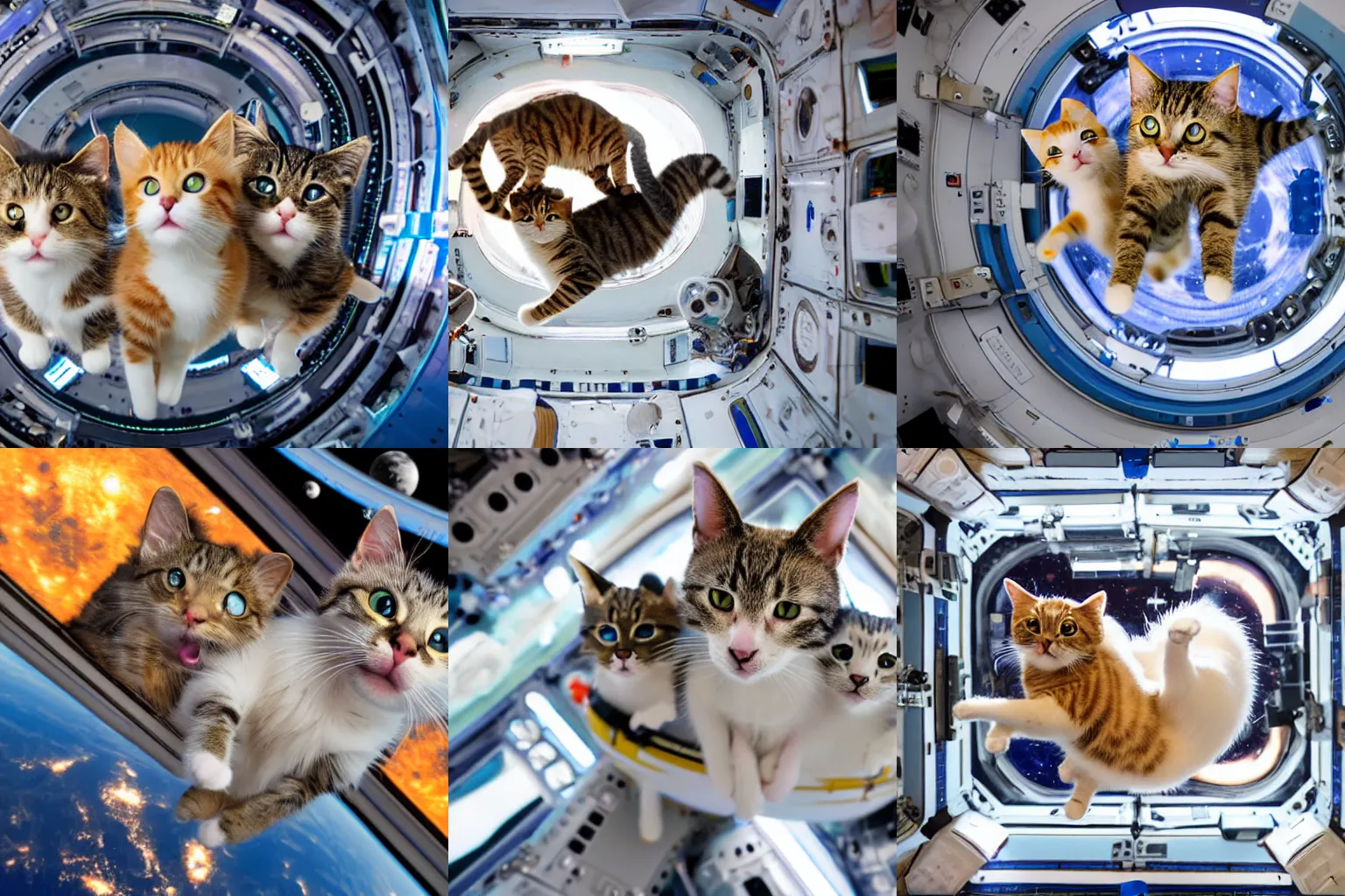 Prompt: Photo of cats floating inside the International Space Station, highly-detailed 4K award-winning