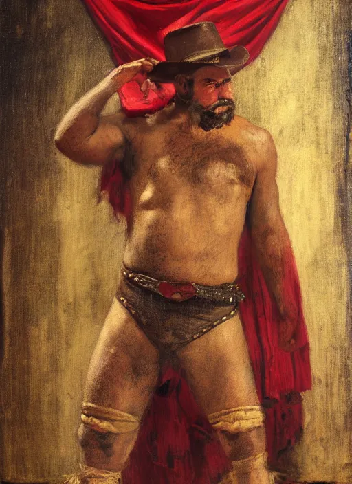 Prompt: Old west circus wrestler (rdr2). Iranian orientalist portrait by john william waterhouse and Edwin Longsden Long and Theodore Ralli and Nasreddine Dinet, oil on canvas. Cinematic, hyper realism, realistic proportions, dramatic lighting, high detail 4k