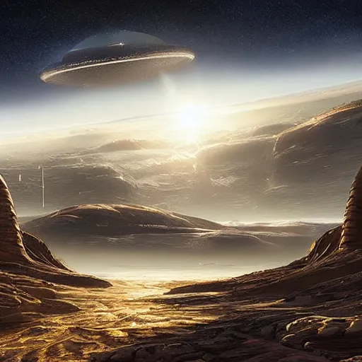Prompt: alien landscape with a spaceport far on the horizon, epic lighting, elegant, calm, artwork by Charles Vacher