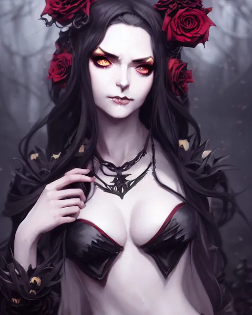 Prompt: beautifully dressed dark sorceress surrounded by black roses horns and skulls, cushart krenz, very detailed, realistic face, detailed face, matte, tonemapping, bbwchan, perfection, 4 k, cushart krenz