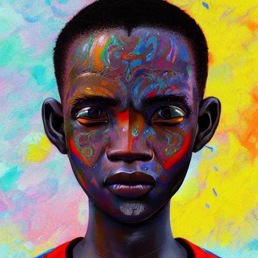 Prompt: colourful upper half portrait of an african boy, art by takashi murakami, highly detailed, digital painting, ray tracing, concept art, illustration, smooth sharp focus, intricate, symmetry, artstation,