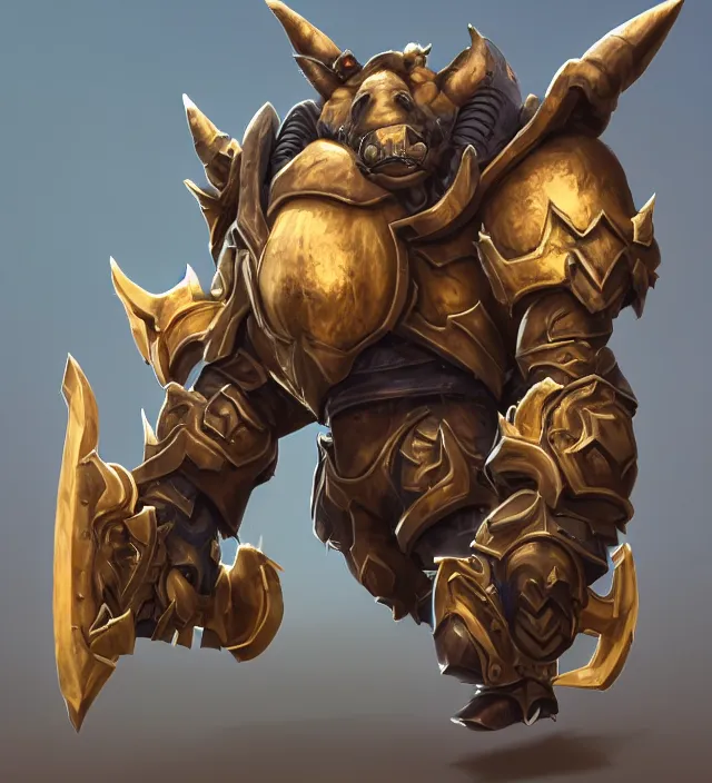 Image similar to “a well rendered anthropomorphic chibi sized rhinoceros portrait, front facing, facing the camera, world of Warcraft armor, subject in the center of the frame, rule of thirds, golden ratio, elegant, digital painting, octane 4k render, zbrush, hyperrealistic, artstation, concept art, smooth, sharp focus, illustration from World of Warcraft by Pixar and Disney and Justin Gerard”