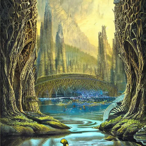 Prompt: soaring towers and openwork bridges, under outer world forrest, rivers and lakes, art by Dmitry Dubinsky