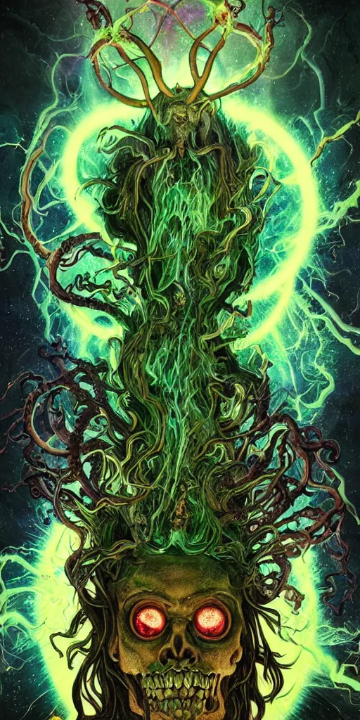 Image similar to intense glowing angry pagan fungus god with horns and tentacles and intense glowing eyes and a mossy skull in very dark cosmic space by karol bak and artgerm and alphonse mucha, portrait, fantasy, clear, light beams, lens flare, intense, uhd, amazing depth, cinematic lighting, deep green and teal and brown and shining gold