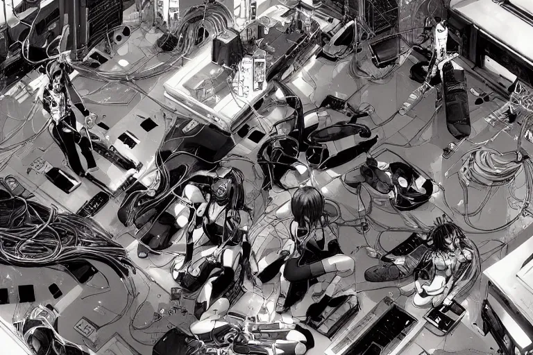 Image similar to a cyberpunk illustration of a group of female androids in style of masamune shirow, lying on an empty, white floor with their bodies scattered across, turned in different poses and cables and wires coming out, by yukito kishiro and katsuhiro otomo, hyper-detailed, intricate, view from above