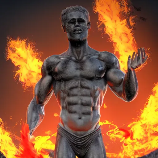 Image similar to fire-eating angel at top of the Mountain. Muscular covered with black toga. High resolution. Digital art. Einar Jonsson. Artstation.