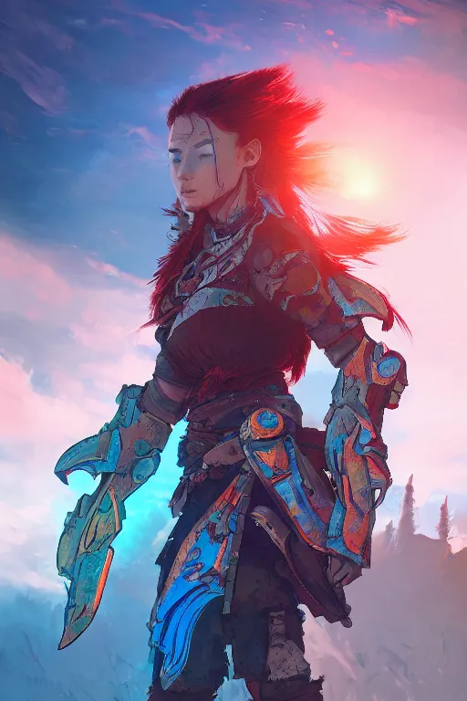 Image similar to combination suit armor aloy horizon forbidden west horizon zero dawn radiating a glowing aura global illumination ray tracing hdr fanart arstation by ian pesty and alena aenami artworks in 4 k tribal robot ninja mask helmet backpack