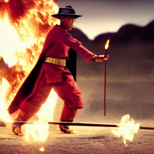 Image similar to cinematic film still Pharrell Williams starring as a Samurai holding fire, Japanese CGI, VFX, 2003, 40mm lens, shallow depth of field,film photography