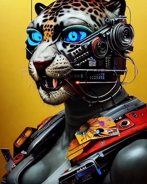 Image similar to a portrait of an anthropomorphic cyberpunk jaguar by sandra chevrier, by jon foster, detailed render, tape deck, epic composition, cybernetics, 4 k realistic, cryengine, realistic shaded lighting, sharp focus, masterpiece, by enki bilal