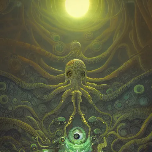 Image similar to highly detailed illustration of a nausicaa alien cephalopod in a world overgrown with fungus and spores, diffuse lighting, fog, stunning atmosphere, religious imagery, huge gargantuan black sun, muted colors, by kilian eng and james jean