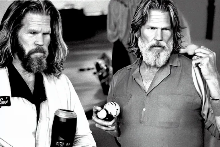 Prompt: Jeff Bridges from The Big Lebowski, bowling, in the Mos Eisley Cantina from Star Wars