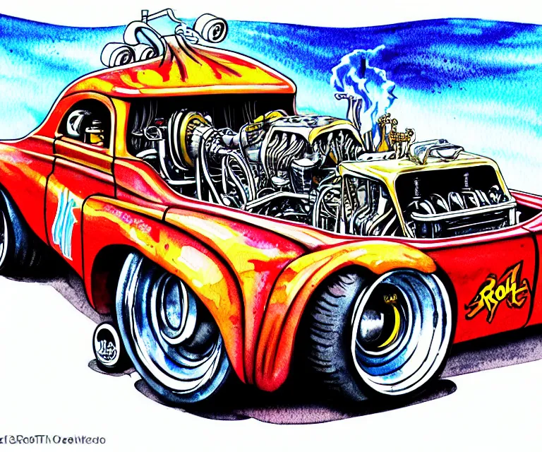 Prompt: roth's drag nut fuel, a pigeon driving a mega - suped - up - hotrod, oversized engine, ratfink style, ed roth, centered, watercolor pen illustration