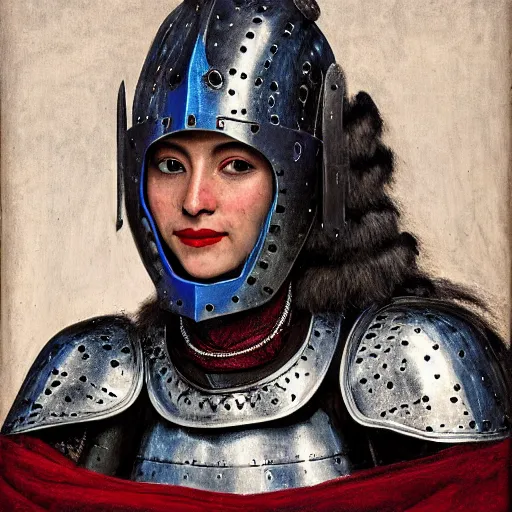 Prompt: head and shoulders portrait of a female knight, quechua, cuirass, lorica segmentata, tonalist, symbolist, realism, chiaroscuro, baroque, indigo and venetian red, grisaille, detailed, raven, modeled lighting, vignetting, angular, smiling