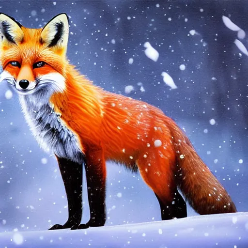 Prompt: a fantasy artwork of a red fox in the snow during a blizzard