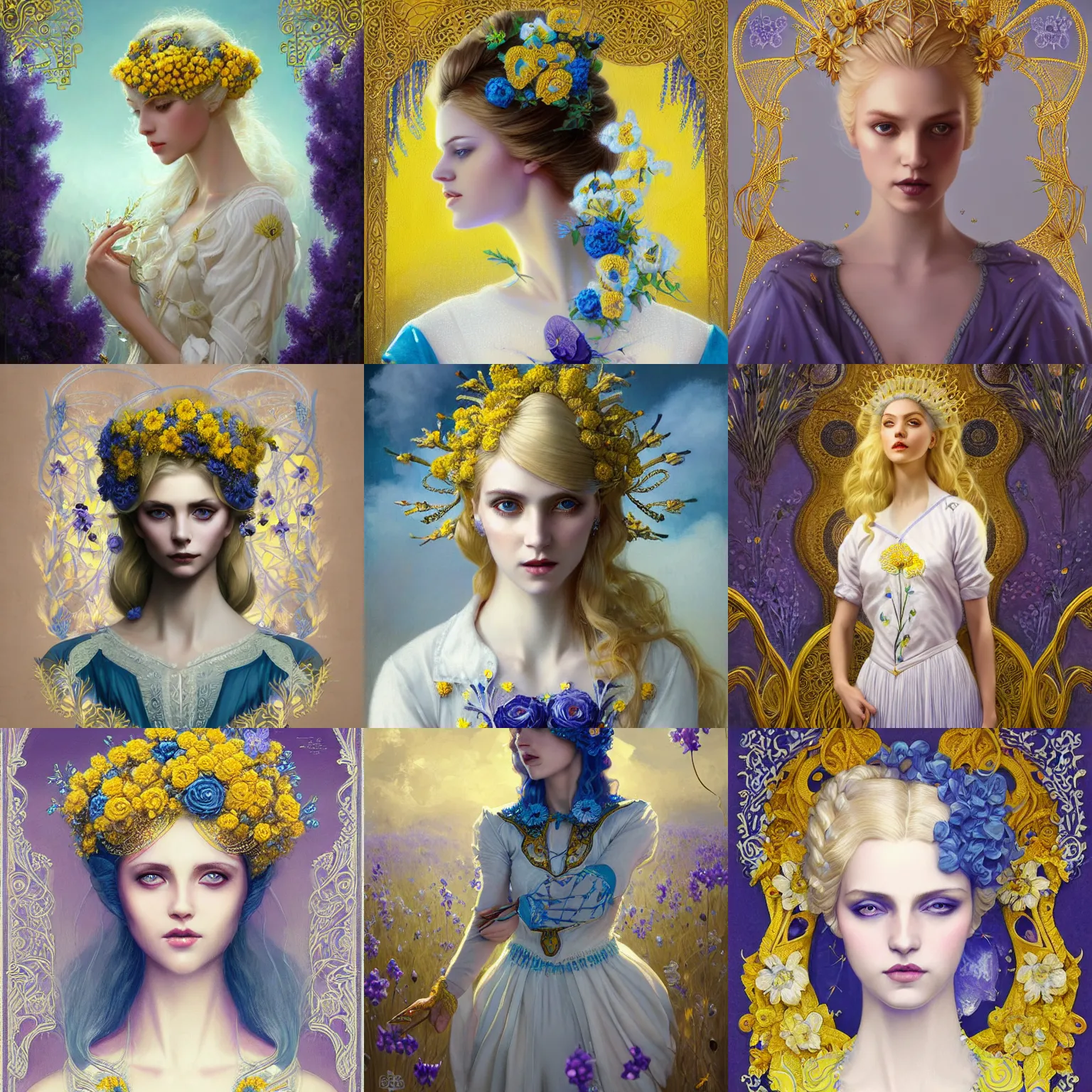 Prompt: blonde lady in white embroidered shirt, ukrainian national costume, filigree crown with blue and yellow textile flowers, wheat spikes and violets, intricate, elegant, digital painting, art nouveau, smooth, focus, rim light, charlie bowater, tom bagshaw, greg rutkowski
