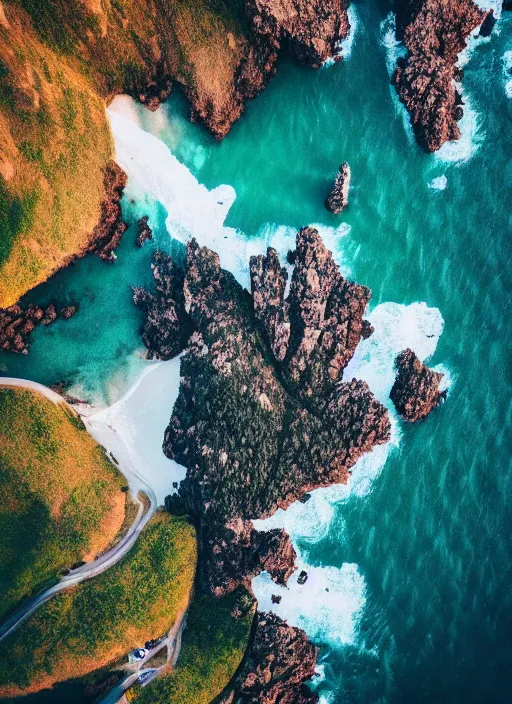 Image similar to nature landscape, aerial view, drone photography, cinematic, mountains and ocean