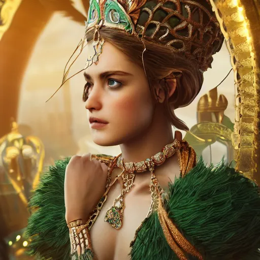 Image similar to photograph of wonderful princess with smooth fair skin, green jewelry, breathtaking, elegant, ornate, intricate, hyper detailed, accent lighting, dramatic light, 4 k octane render