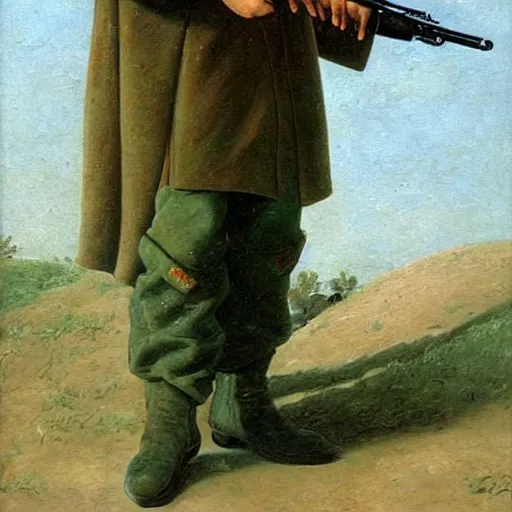 Prompt: an impasto oil painting of a soldier holding a flower instead of a gun painted by caspar david friedrich, high detail