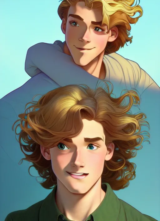 Image similar to young man with medium - length, curly, golden hair, aquamarine eyes, natural lighting, path traced, highly detailed, high quality, cartoon, digital painting, by don bluth and ross tran and studio ghibli and alphonse mucha