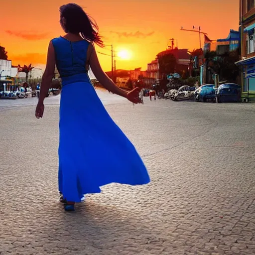 Image similar to a woman facing a blue interdimensional portal on the street, which shows a beach at sunset, rutkowski, fantasy