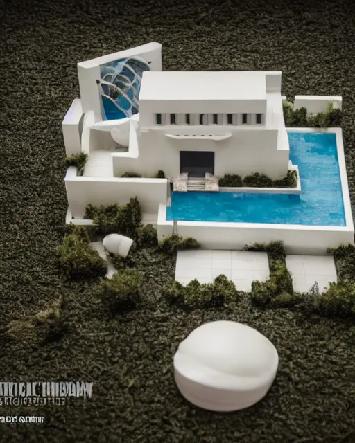 Image similar to Cinematic photo, highly detailed, Futuristic, 3D printed, clay, symmetrical, glossy white, architectural Villa, with artificial lighting, terra-cotta, prairie landscaping, illuminated swimming pool, daylight, exotic