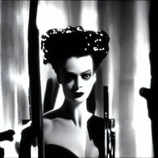 Prompt: cinematic portrait of bride of frankenstein as a replicant in a nightclub, frightened and angry, ready to fight, still from the movie bladerunner, fashion photography, a neon sign is in the background