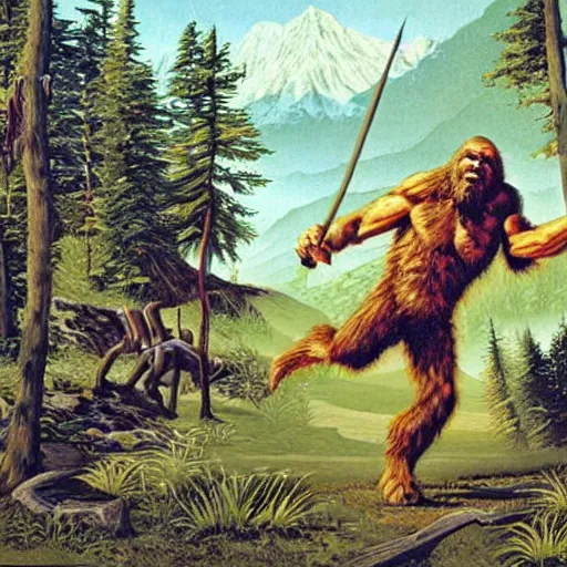 Prompt: sasquatch fighting with aboriginal tribe painting by john glover