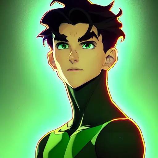 Image similar to a face portrait character design by artgerm, cushart krenz, greg rutkowski and alphonse mucha. young danny phantom!! glowing green eyes!! bold outline sharp edges. ultra clear detailed. 8 k. elegant, neon colors, symmetry, intricate complexity, epic composition, magical atmosphere, cinematic lighting masterpiece trending on artstation 8 k octane render.