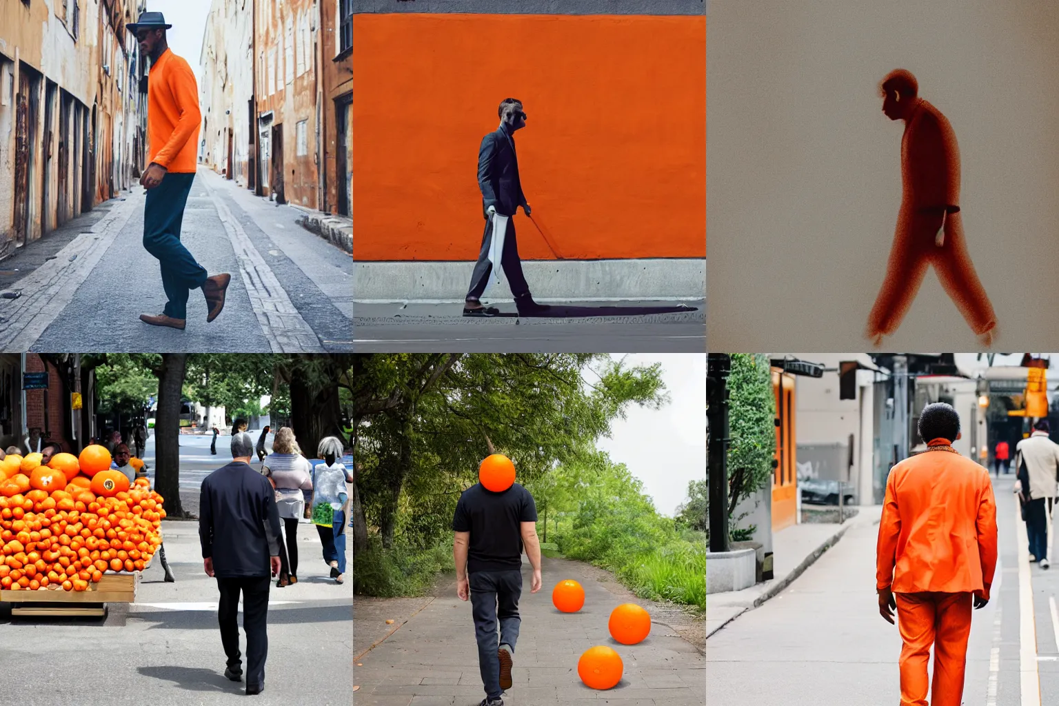 Prompt: an orange and man walking