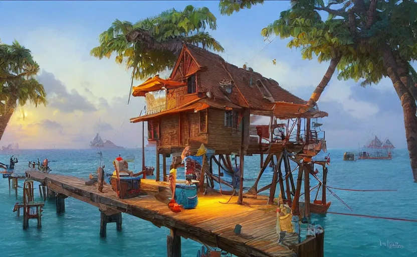 Prompt: a little fisher village on a tropical island, wood pier and houses, nets and boats, scenic view, sunset, matte painting by marc simonetti and rhads and donato giancola, trending on artstation