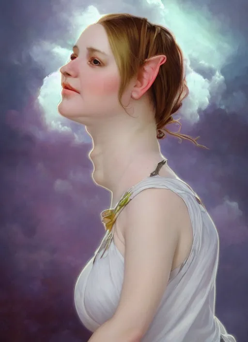 Image similar to a chubby white woman with pointed ears, wearing a white sundress, rainbow pastel clouds for hair, realistic painting by ross tran and gerald brom and alphonse mucha, artgerm, trending on artstation