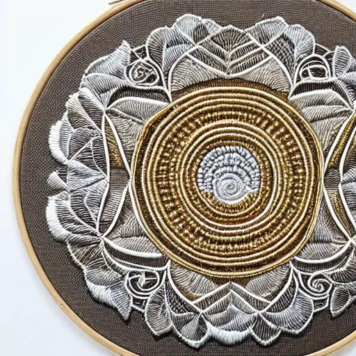 Image similar to three dimensional multilayered embroidery patterns inside a circle, intricate detail, complex, gold, silver, obsidian, white