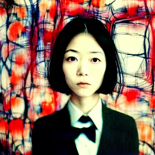 Prompt: yoshitaka amano blurred and dreamy realistic portrait of a young woman with short hair and black eyes wearing dress suit with tie, junji ito abstract patterns in the background, satoshi kon anime, noisy film grain effect, highly detailed, renaissance oil painting, weird camera angle, blurred lost edges, photo by nan goldin